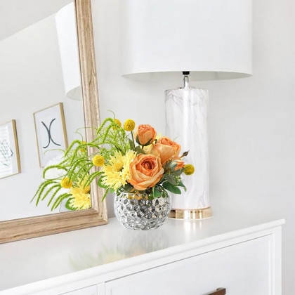 HMR - Orange Artificial Flower Arrangement in Silver Vase Table Centerpiece Fake Flower