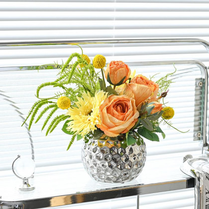 HMR - Orange Artificial Flower Arrangement in Silver Vase Table Centerpiece Fake Flower