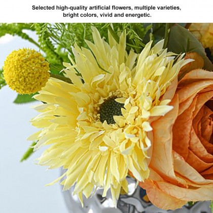 HMR - Orange Artificial Flower Arrangement in Silver Vase Table Centerpiece Fake Flower