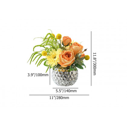 HMR - Orange Artificial Flower Arrangement in Silver Vase Table Centerpiece Fake Flower