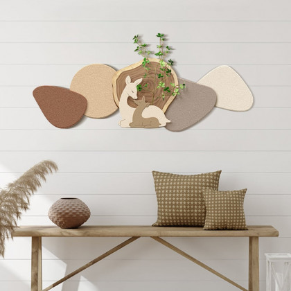 HMR - Japandi Deer 3D Wall Decorative Painting Creative Living Room Decor with Faux Plants