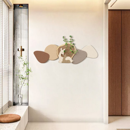 HMR - Japandi Deer 3D Wall Decorative Painting Creative Living Room Decor with Faux Plants