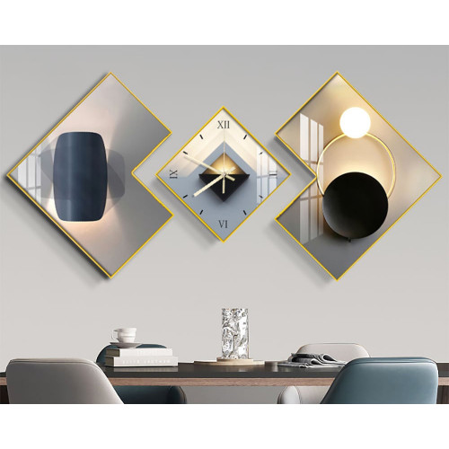 HMR - 3Pcs Modern Geometric Wall Clock Decor Set Canvas Painting Wall Clocks with Gold Frame