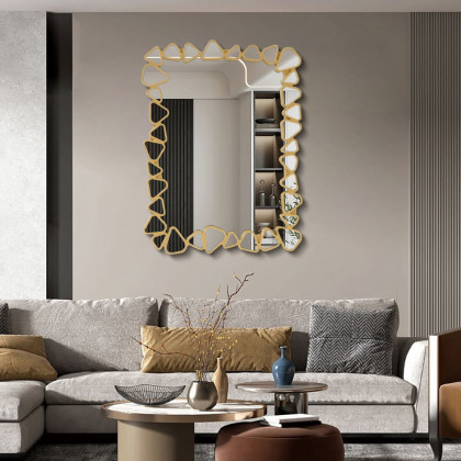 HMR Modern Large Gold Irregular Pebble Wall Mirror Decor with Geometric Frame Living Room - Rectangle