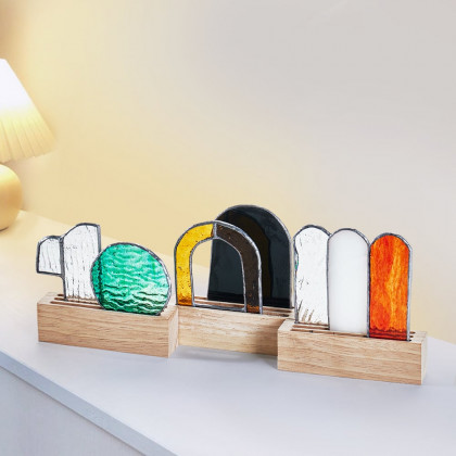 HMR - 3 Pieces Resurrection Stained Glass Sculpture Ornament Decor Art Set with Wooden Base