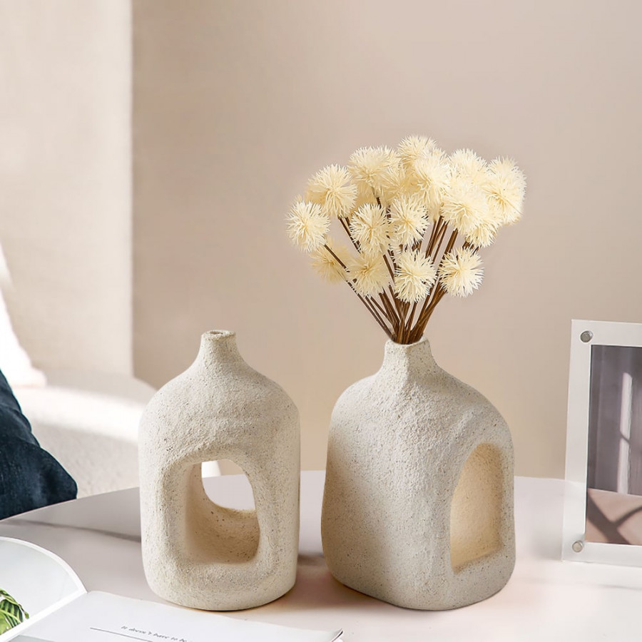 HMR - 2 Pieces Khaki Resin Flower Vase Set Japandi Abstract Decor Art Living Room Bedroom