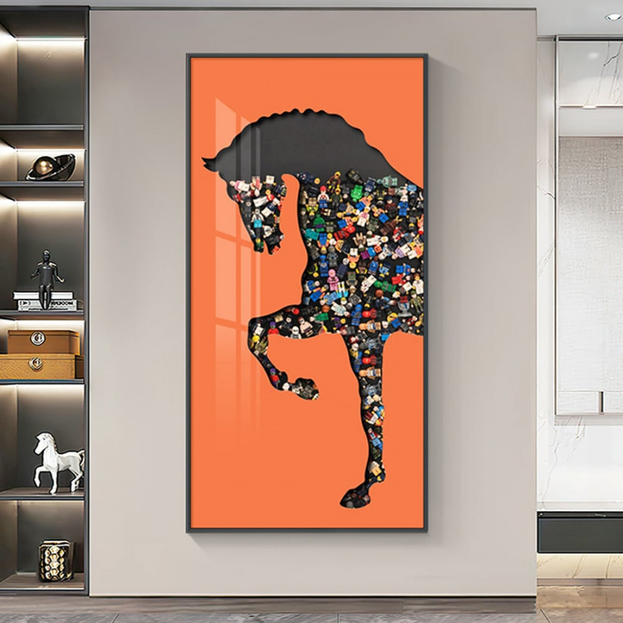 HMR - 39.4" Rectangle Horse Building Blocks Wall Art Decor with Aluminum Frame Living Room