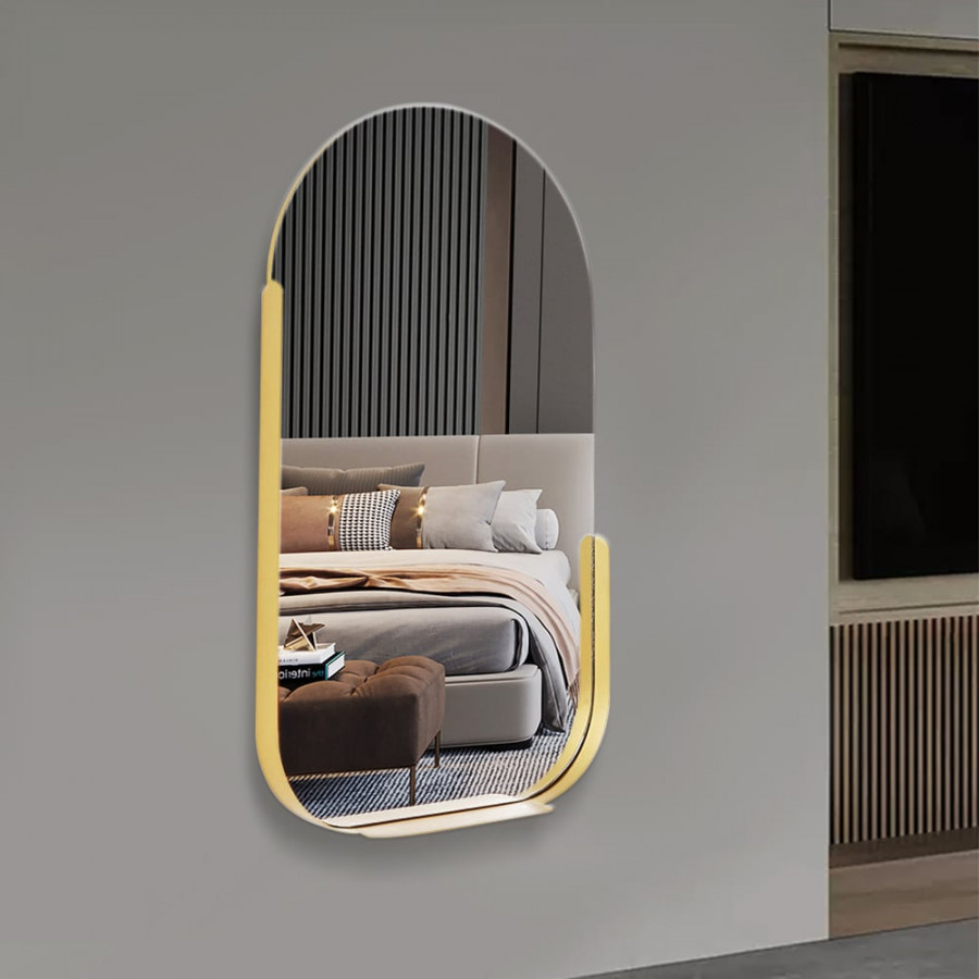 HMR - 31.5" Modern Arch Gold Wall Mirror Decor with Storage Shelf Rack Living Room Bedroom