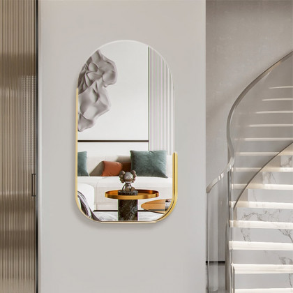 HMR - 31.5" Modern Arch Gold Wall Mirror Decor with Storage Shelf Rack Living Room Bedroom