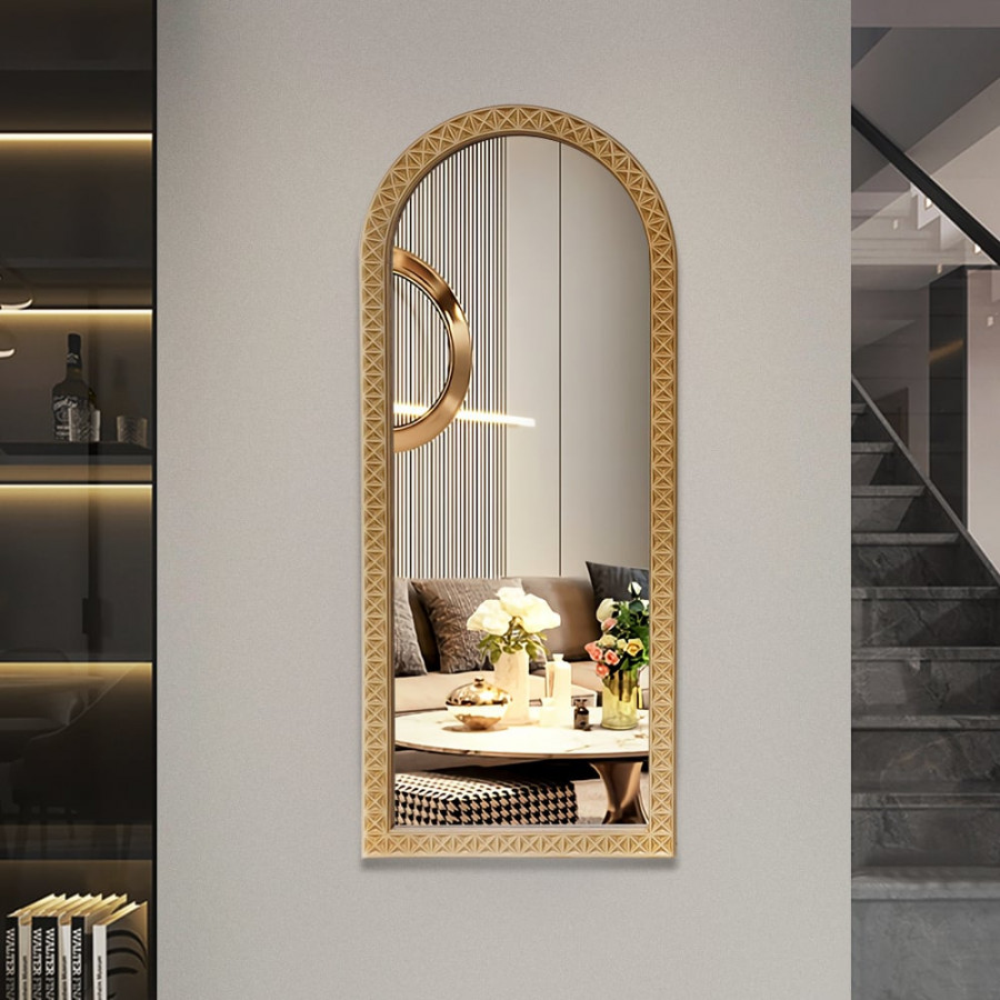 HMR - 47.2" Large Long Arch Natural Carved Wood Full Length Wall Mirror Decor Art Living Room