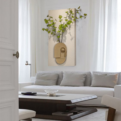 HMR - 3D Abstract Natural Sandstone Handmade Sculpture with Artificial Plants Wall Decor