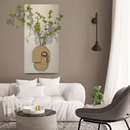 HMR - 3D Abstract Natural Sandstone Handmade Sculpture with Artificial Plants Wall Decor