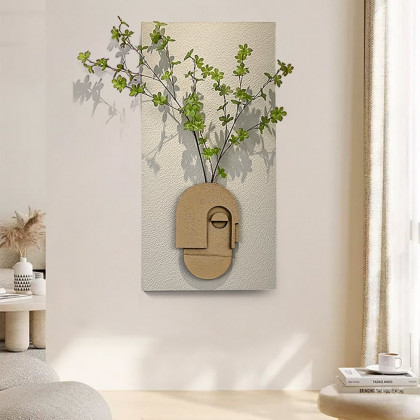 HMR - 3D Abstract Natural Sandstone Handmade Sculpture with Artificial Plants Wall Decor