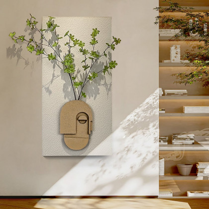 HMR - 3D Abstract Natural Sandstone Handmade Sculpture with Artificial Plants Wall Decor