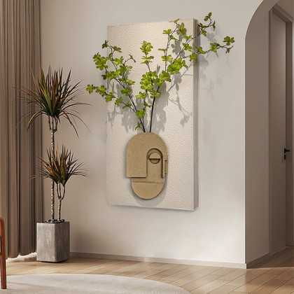 HMR - 3D Abstract Natural Sandstone Handmade Sculpture with Artificial Plants Wall Decor