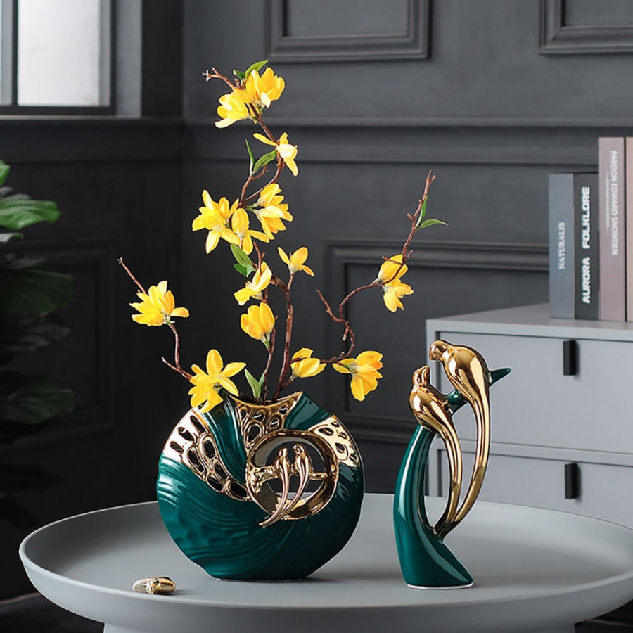 HMR - 2PCS Modern Yellow Artificial Flower Arrangement in Green Ceramic Magpie Vase Home Decor