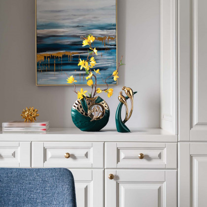 HMR - 2PCS Modern Yellow Artificial Flower Arrangement in Green Ceramic Magpie Vase Home Decor