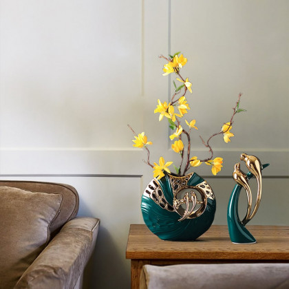 HMR - 2PCS Modern Yellow Artificial Flower Arrangement in Green Ceramic Magpie Vase Home Decor