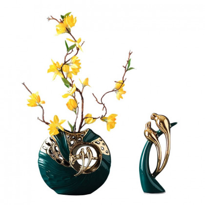 HMR - 2PCS Modern Yellow Artificial Flower Arrangement in Green Ceramic Magpie Vase Home Decor