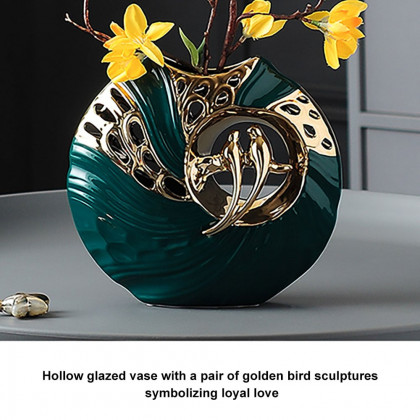 HMR - 2PCS Modern Yellow Artificial Flower Arrangement in Green Ceramic Magpie Vase Home Decor