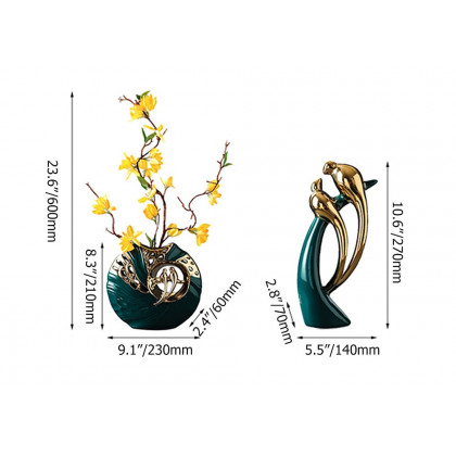 HMR - 2PCS Modern Yellow Artificial Flower Arrangement in Green Ceramic Magpie Vase Home Decor