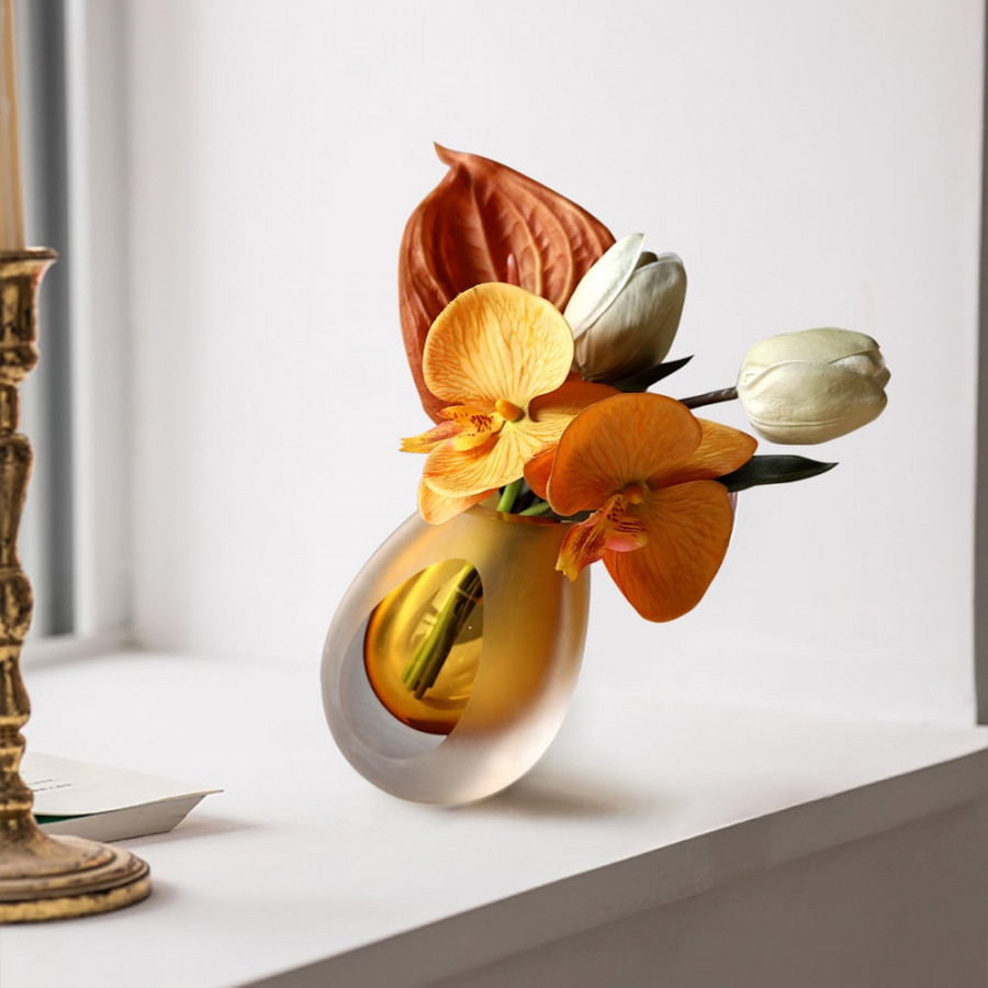 HMR - Orange Artificial Flower Arrangement in Vase Clear Glass Bottle Table Fake Flower Decor