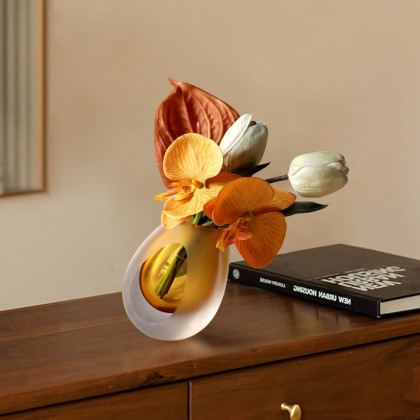 HMR - Orange Artificial Flower Arrangement in Vase Clear Glass Bottle Table Fake Flower Decor