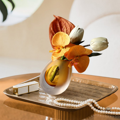 HMR - Orange Artificial Flower Arrangement in Vase Clear Glass Bottle Table Fake Flower Decor