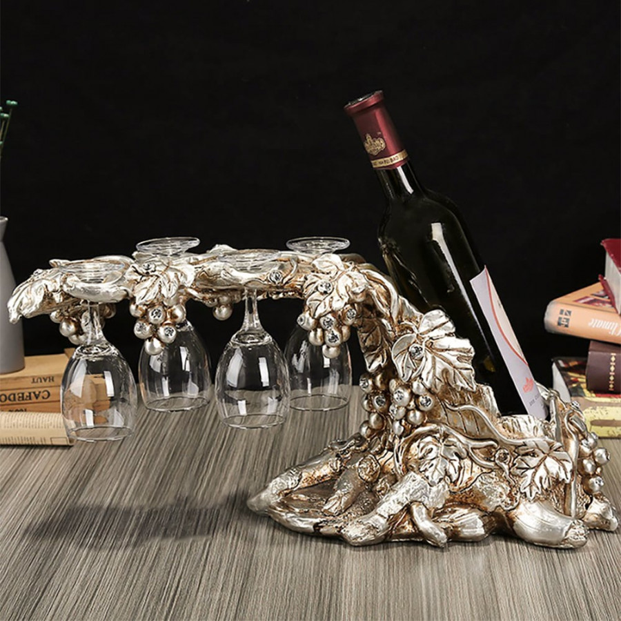 HMR - Traditional Wine Glass Rack Grape Vines Tabletop Wine Bottle Holder in Distressed Silver