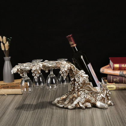 HMR - Traditional Wine Glass Rack Grape Vines Tabletop Wine Bottle Holder in Distressed Silver