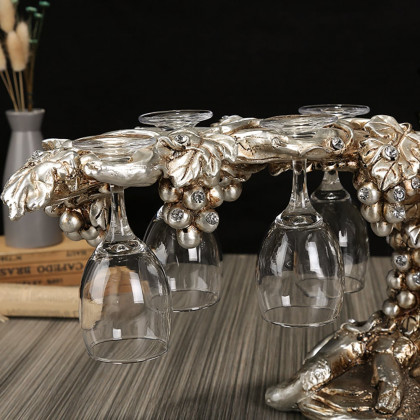 HMR - Traditional Wine Glass Rack Grape Vines Tabletop Wine Bottle Holder in Distressed Silver