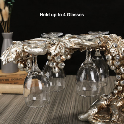 HMR - Traditional Wine Glass Rack Grape Vines Tabletop Wine Bottle Holder in Distressed Silver