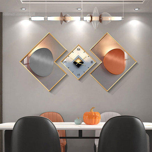 HMR 3Pcs Modern Geometric Wall Clock Decor Set Canvas Painting Wall Clocks with Gold Frame - Multi-color