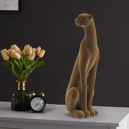 HMR - 17.3" Leopard Sculpture Cheetah Ornament Decor Art Velvet Brown Living Room Bedroom