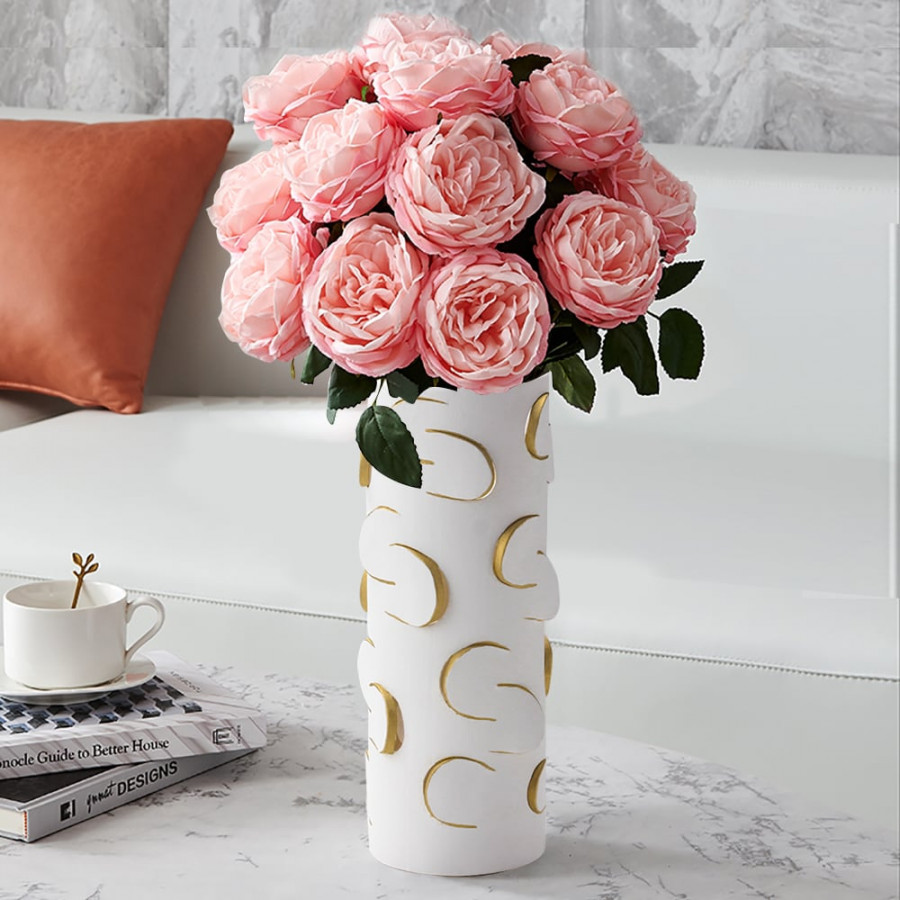 HMR - 13.4" White & Gold Resin Cylinder Flower Vase Modern Decor Art Living Room Bedroom