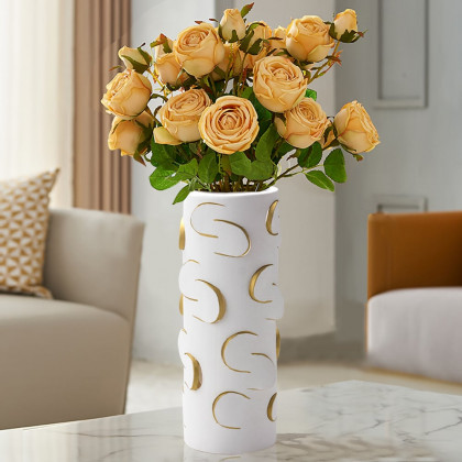 HMR - 13.4" White & Gold Resin Cylinder Flower Vase Modern Decor Art Living Room Bedroom
