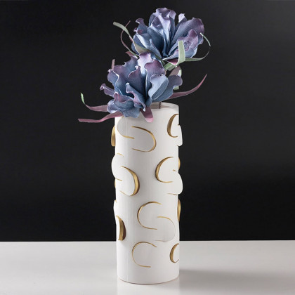 HMR - 13.4" White & Gold Resin Cylinder Flower Vase Modern Decor Art Living Room Bedroom