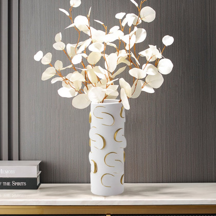HMR - 13.4" White & Gold Resin Cylinder Flower Vase Modern Decor Art Living Room Bedroom