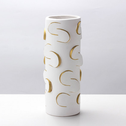 HMR - 13.4" White & Gold Resin Cylinder Flower Vase Modern Decor Art Living Room Bedroom