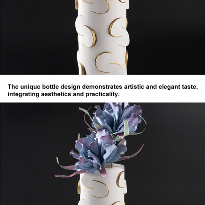 HMR - 13.4" White & Gold Resin Cylinder Flower Vase Modern Decor Art Living Room Bedroom