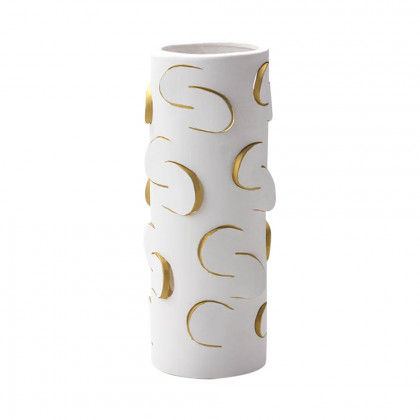 HMR - 13.4" White & Gold Resin Cylinder Flower Vase Modern Decor Art Living Room Bedroom