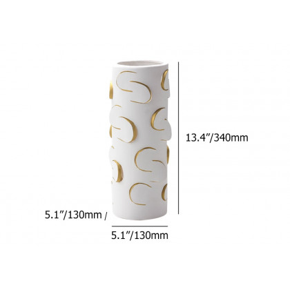 HMR - 13.4" White & Gold Resin Cylinder Flower Vase Modern Decor Art Living Room Bedroom