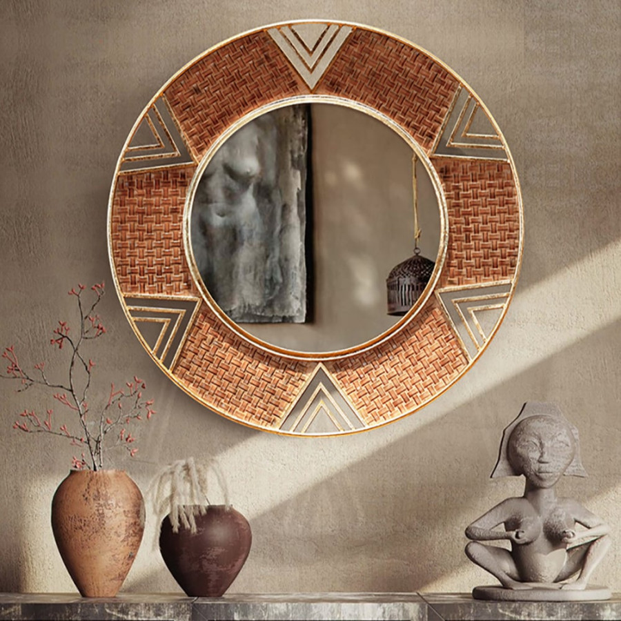 HMR - Modern Large Wall Mirror Decorative Round Metal Wall Decor Mirror in Brown