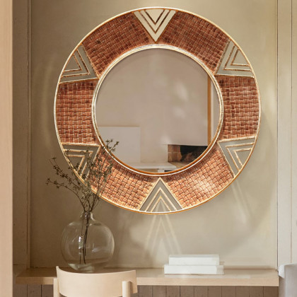 HMR - Modern Large Wall Mirror Decorative Round Metal Wall Decor Mirror in Brown