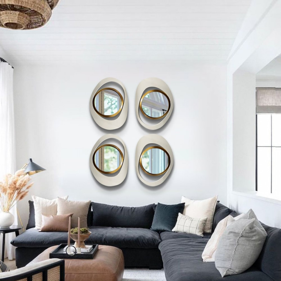 HMR - Modern 4-Piece 23.6" Large White & Gold Abstract Geometry Wall Mirror Decor Living Room