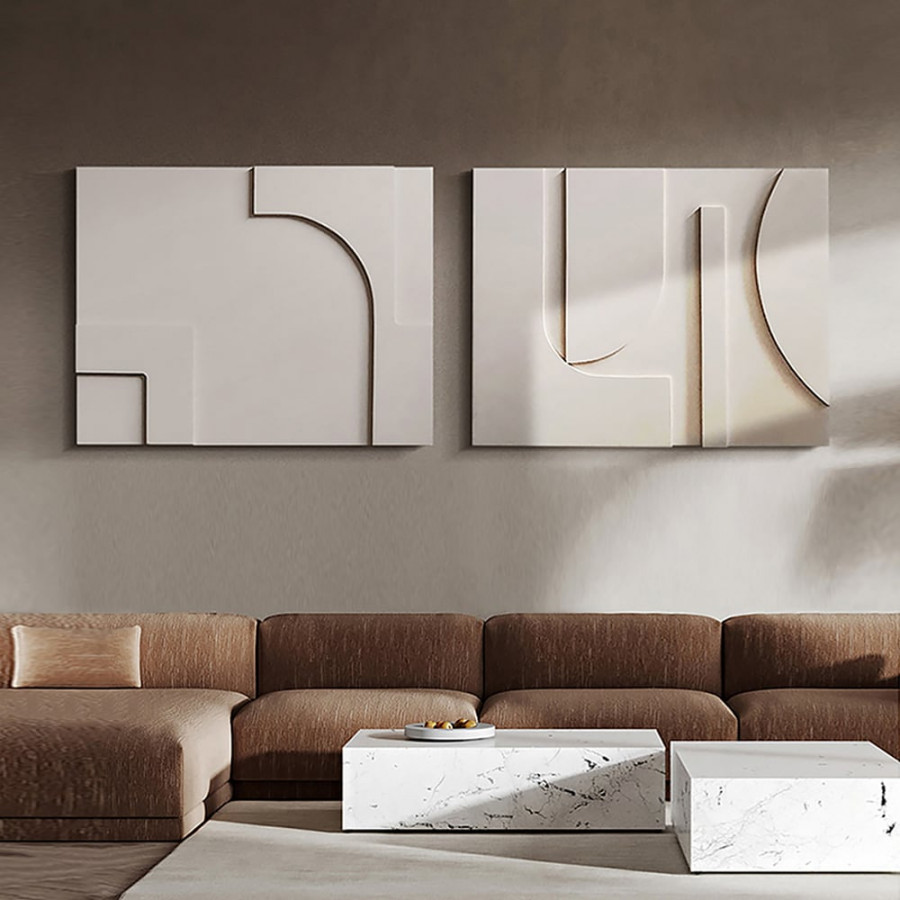 HMR 2 Pieces Japandi Abstract Wood Wall Decor for Living Room 3D Hanging Art - White, 27.6"W x 1.2"D x 19.7"H