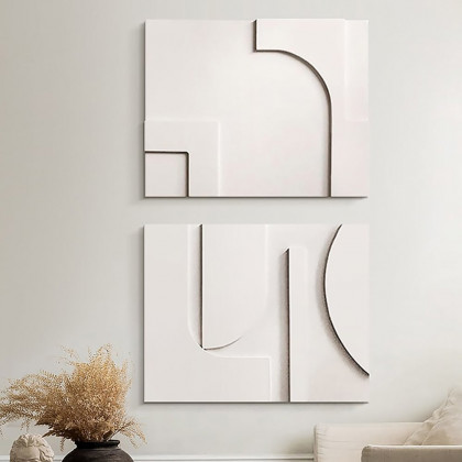 HMR 2 Pieces Japandi Abstract Wood Wall Decor for Living Room 3D Hanging Art - White, 27.6"W x 1.2"D x 19.7"H