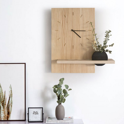 HMR - Japandi Natural Wood Rectangle Wall Clock with Black Vase Decor Living Room Bedroom