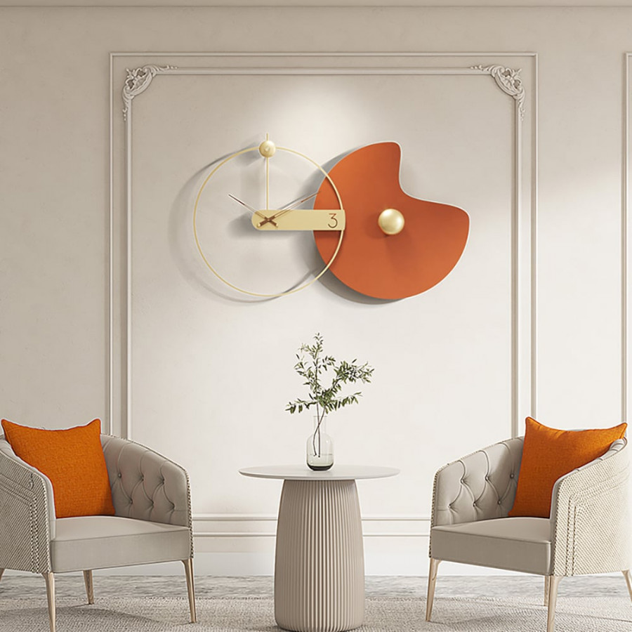 HMR - Modern Large Wall Clock Round Metal Oversized Decorative Wall Clocks in Orange & Gold