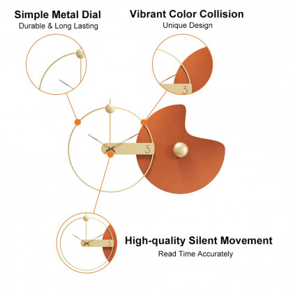 HMR - Modern Large Wall Clock Round Metal Oversized Decorative Wall Clocks in Orange & Gold